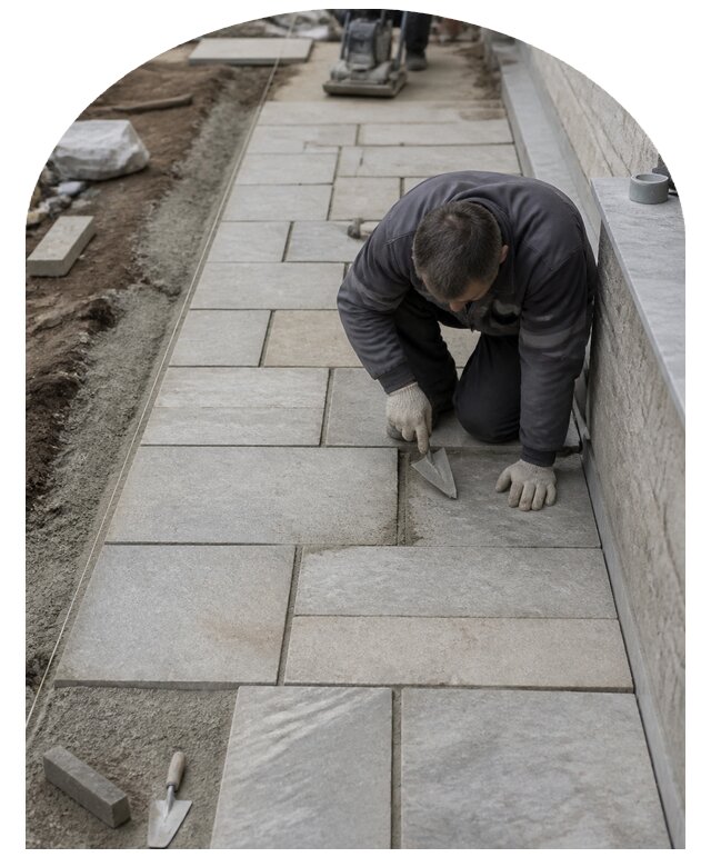 Мощение дорожек и площадок пиленым камнем в Полысаеве